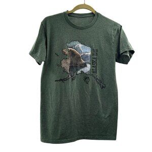 Alaska Graphic T-Shirt Green Bear Small The Last Frontier" Crewneck Retro Map